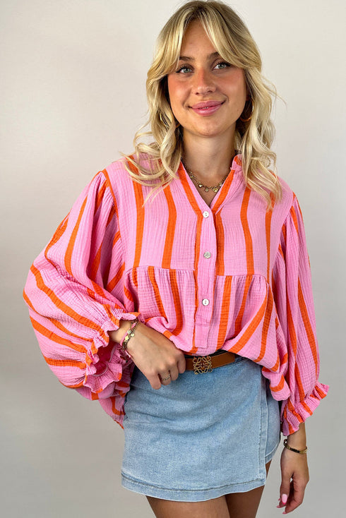 Stripe Crinckled Ruffled Sleeve Button up Loose Shirt